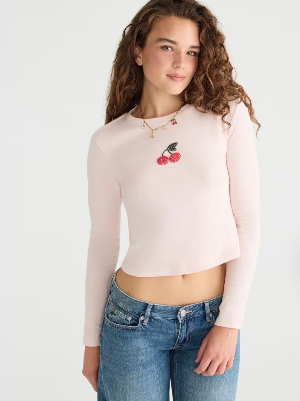 Aeropostale Seriously Soft Beaded Cherries Long Sleeve Baby Tee Top T-Shirt Sz S